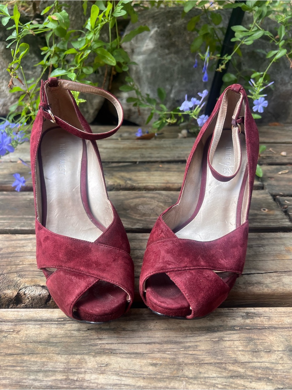 Wine suede colored Nine West Women’s Ankle-Strap Peep-Toe Heels size 6.5